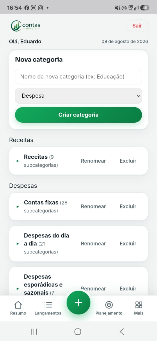 Tela de categorias e subcategorias do Contas em Dia