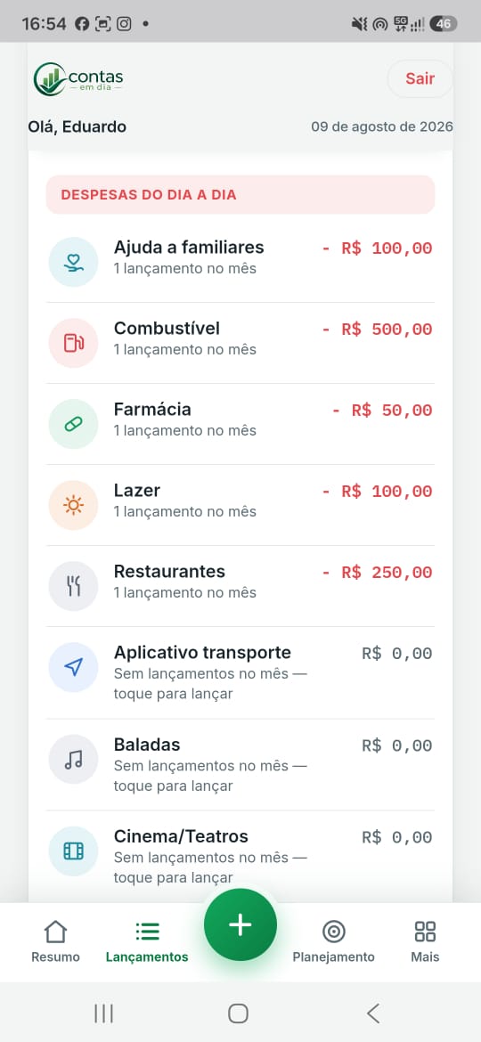 Tela de lançamentos do Contas em Dia