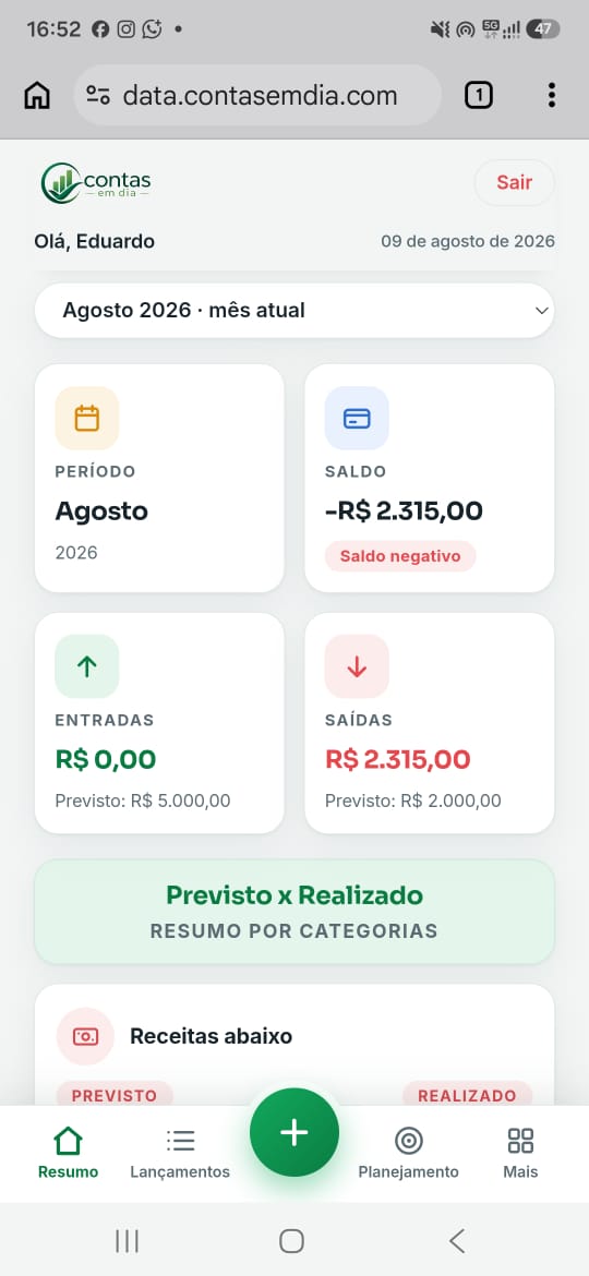 Tela de resumo do Contas em Dia no celular